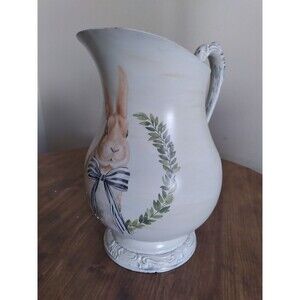Shabby Chic Silver Plated Water Pitcher 9" in height Creamy Tan with Rabbit